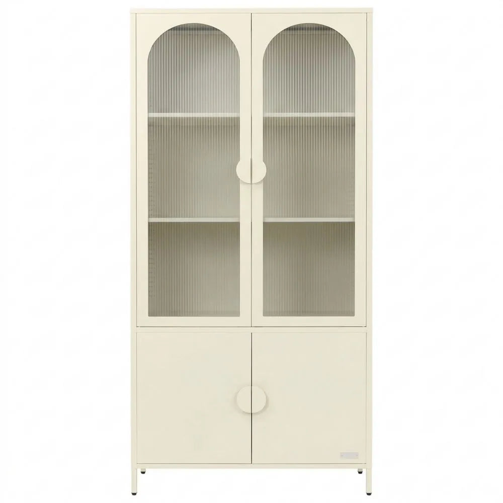 Hoher Vitrinenschrank aus Stahl mit Regalfächern und Türen, cremefarben