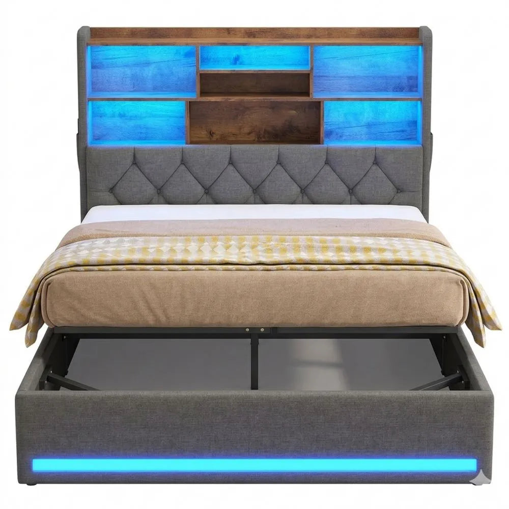 Hydraulisches Stauraumbett 140x200cm mit LED und Anschlüssen