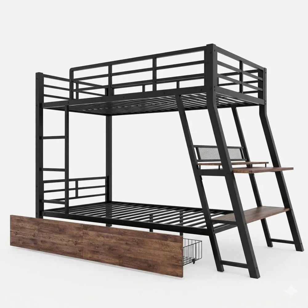 Metall-Etagenbett 90x200 mit LED, Schreibtisch und Stauraum für Kinder