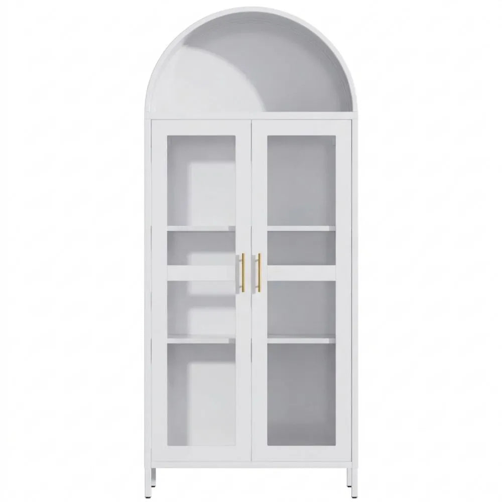 Hoher Metallschrank mit Glastüren und Regalen, Weiß