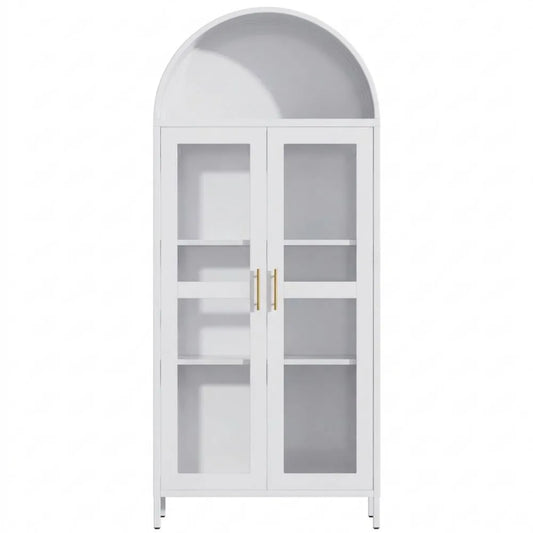 Hoher Metallschrank mit Glastüren und Regalen, Weiß