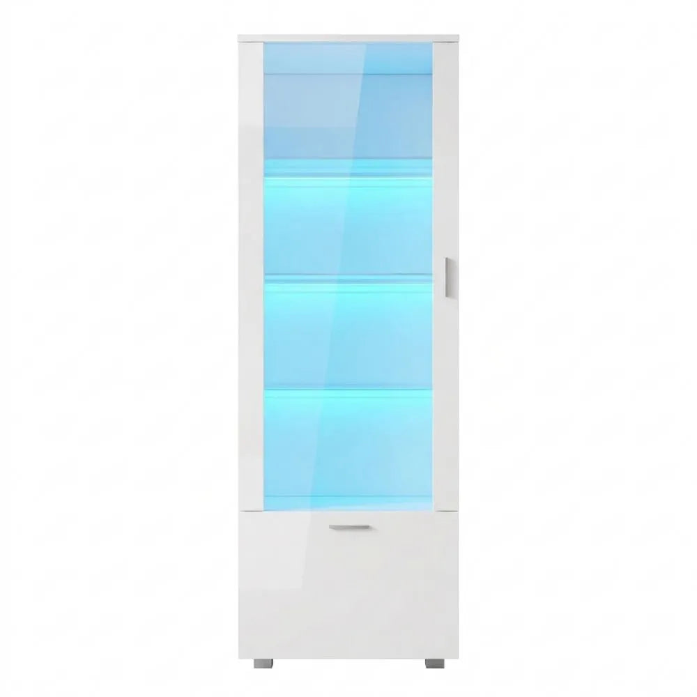Glasvitrine mit LED-Beleuchtung, 3 Regalböden und Schublade, Hochglanz, für Wohn- und Schlafzimmer, Weiß, 50x40x160 cm