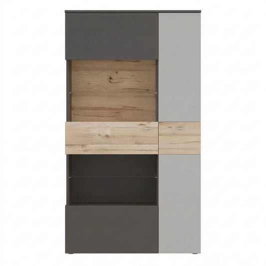 Moderne Wohnzimmervitrine mit 2 Türen, Holzdekor in Grau und Eiche, 90 cm breit