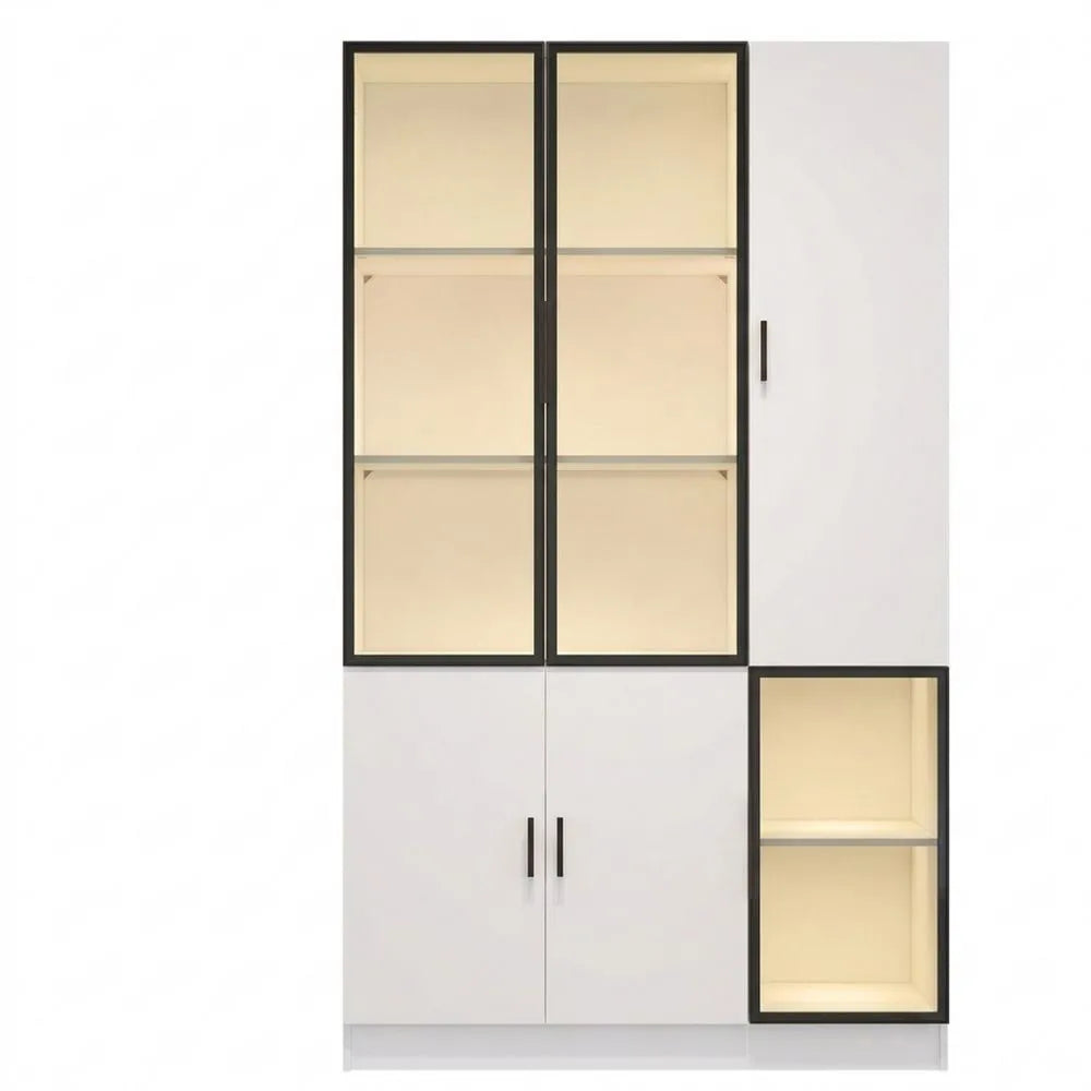 Moderne Vitrine mit LED-Beleuchtung und Stauraum, Wohnzimmer Highboard, Weiß und Schwarz, 120x35x200 cm