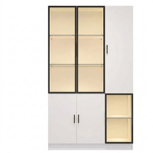 Moderne Vitrine mit LED-Beleuchtung und Stauraum, Wohnzimmer Highboard, Weiß und Schwarz, 120x35x200 cm