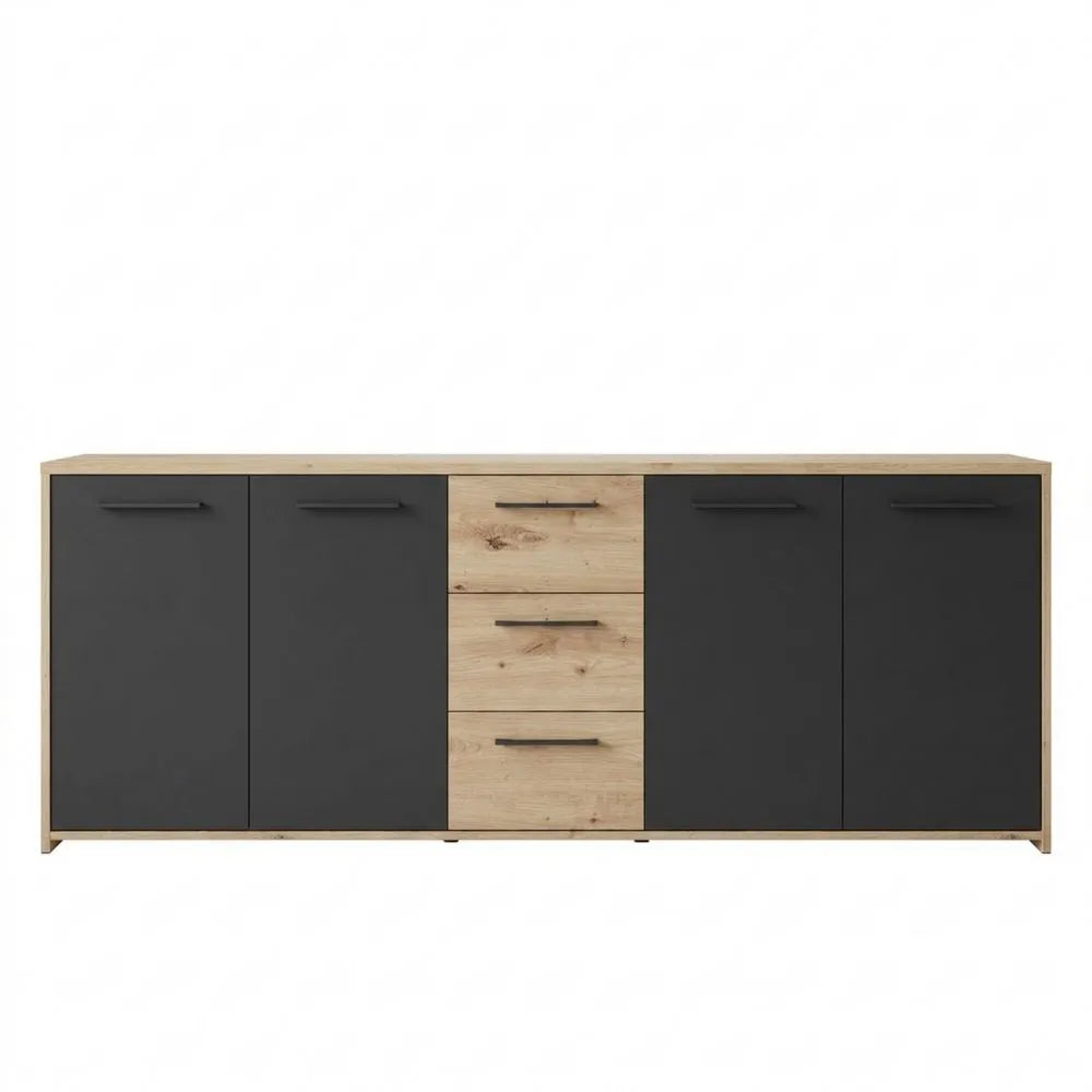 Modernes Sideboard mit Türen und Schubladen, Holzdekor Eiche Schwarz, 179x74x42 cm