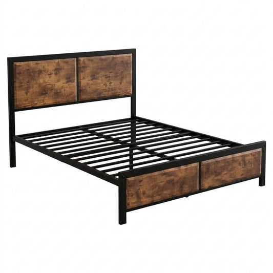 Metallbettgestell 140x200 cm mit Holzkopfteil und Lattenrost, viel Stauraum, ideal für Schlafzimmer