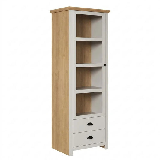Vitrine im Landhausstil mit Knopf- und Muschelgriffen, Hellgrau/Eiche, 4 Fächer, 2 Schubladen