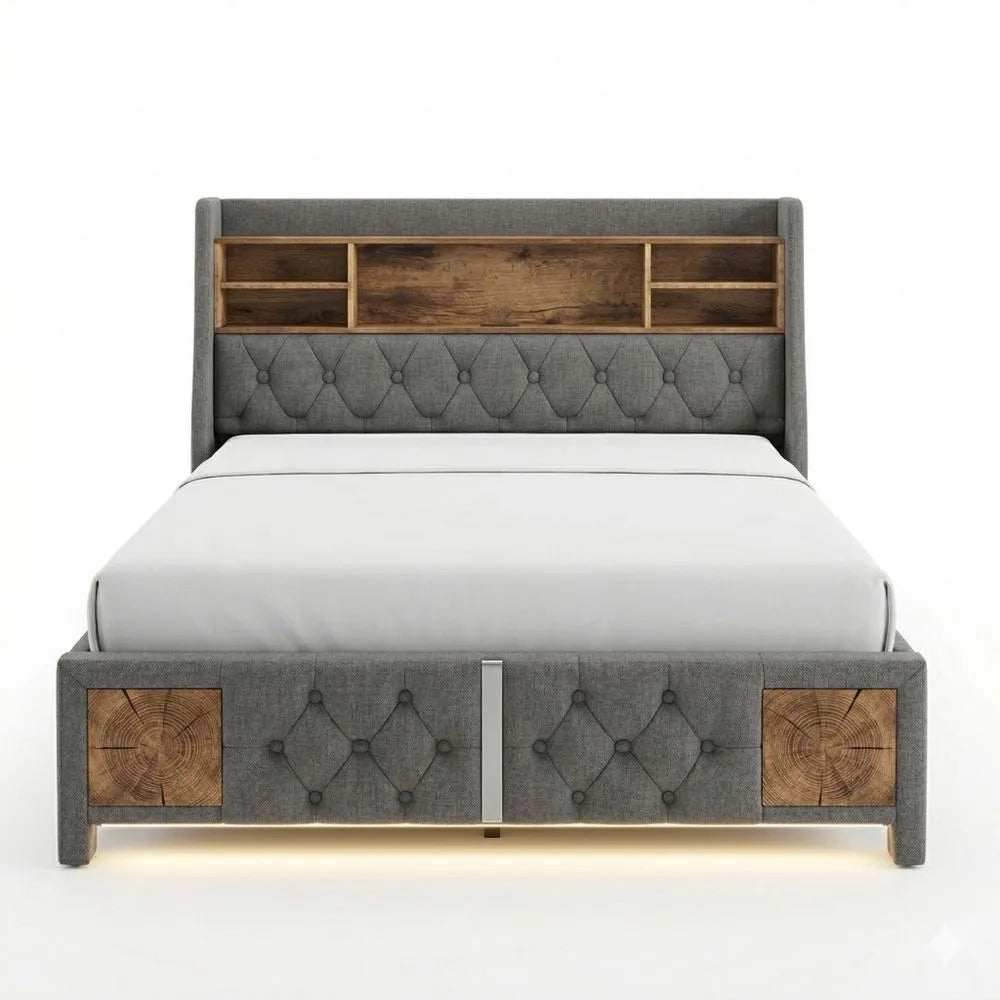 Polsterbett 180x200 mit LED-Beleuchtung und USB-Anschluss, Stauraum im Kopfteil, Schwebebettrahmen für Erwachsene, Leinen, ohne Matratze