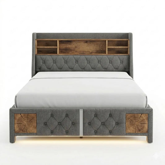 Polsterbett 180x200 mit LED-Beleuchtung und USB-Anschluss, Stauraum im Kopfteil, Schwebebettrahmen für Erwachsene, Leinen, ohne Matratze
